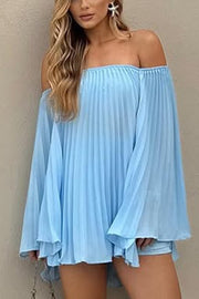 Solid Off-the-shoulder Pleated Loose Top and Elastic Waist Shorts Set