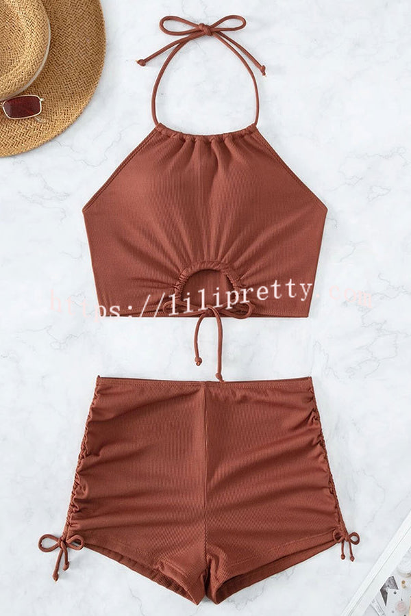 Solid Color Sexy Halter Neck High Waist String Stretch Bikini Swimsuit