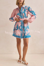Botanical Print Lapel Puff Sleeve Vintage Belt Loose Mini Dress
