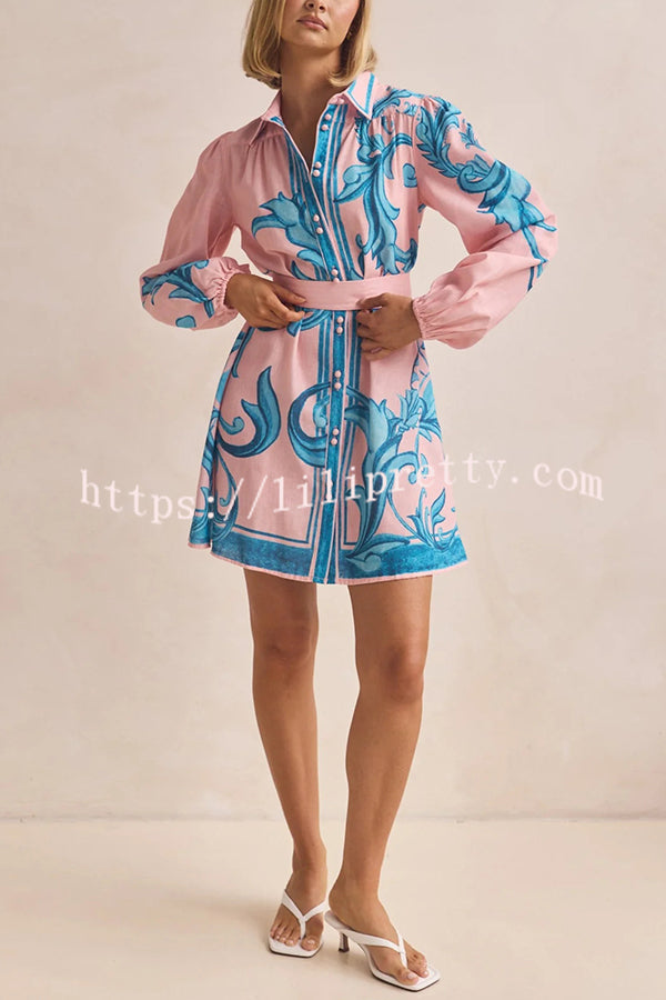 Botanical Print Lapel Puff Sleeve Vintage Belt Loose Mini Dress