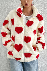 Fashion Plush Heart Print Loose Pocket Long Sleeve Zipper Jacket