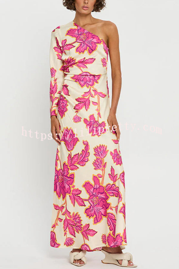 Rhia Satin Floral Print One Shoulder Flared Maxi Dress