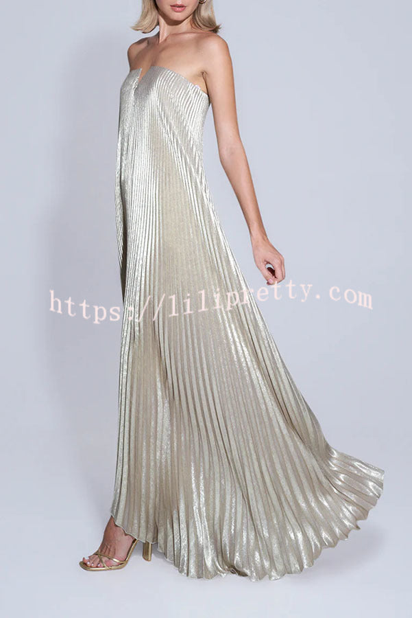 Maya Pleated Metallic Fabric Off Shoulder Asymmetric Hem A-line Maxi Dress