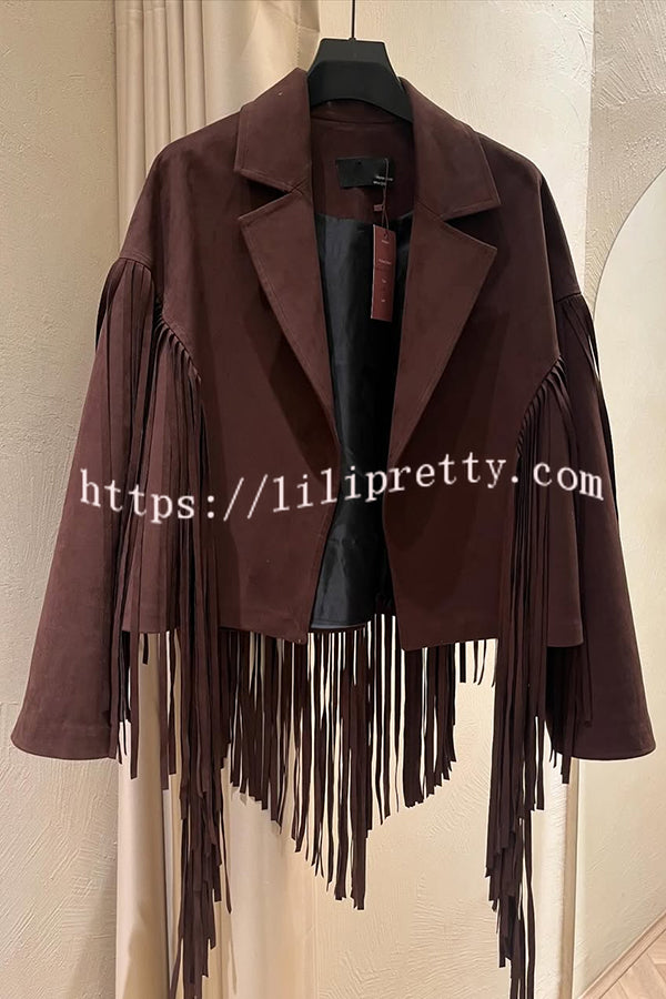 Western City Suede Long Tassels Long Sleeve Lapel Relaxed Jacket