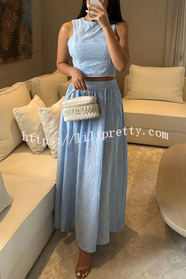 Kaya Embroidery Hollow Lace Back Smocked Tank and Elastic Waist A-line Maxi Skirt Set