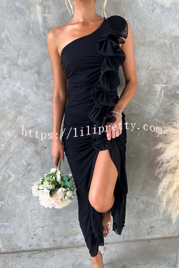 Fashion One-shoulder Pleated Sexy High Slit Slim Dress