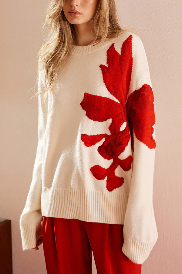 Fashionable Color-blocked Floral Loose Long-sleeved Knit Sweater