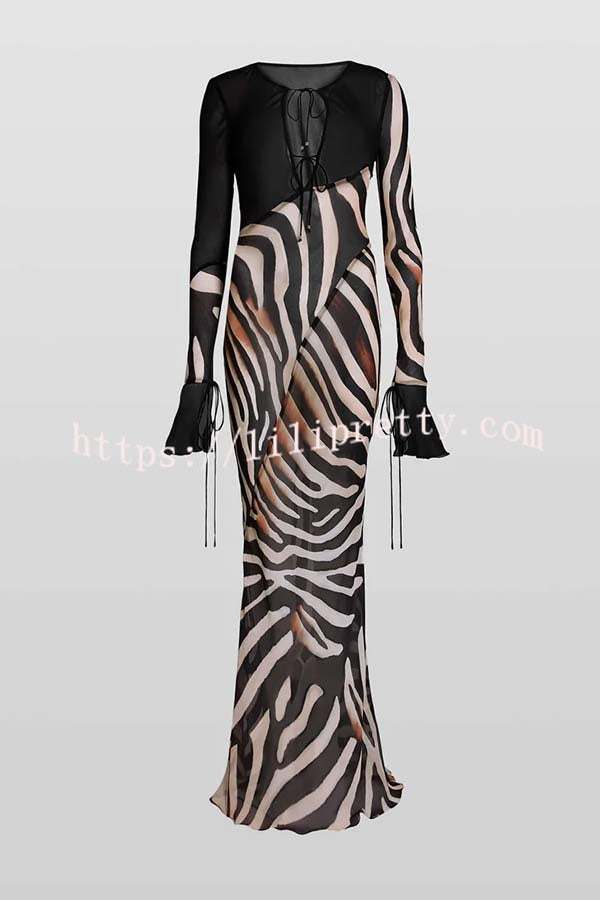 City Night Chiffon Colorblock Animal Print Tie-up Long Sleeve Maxi Dress