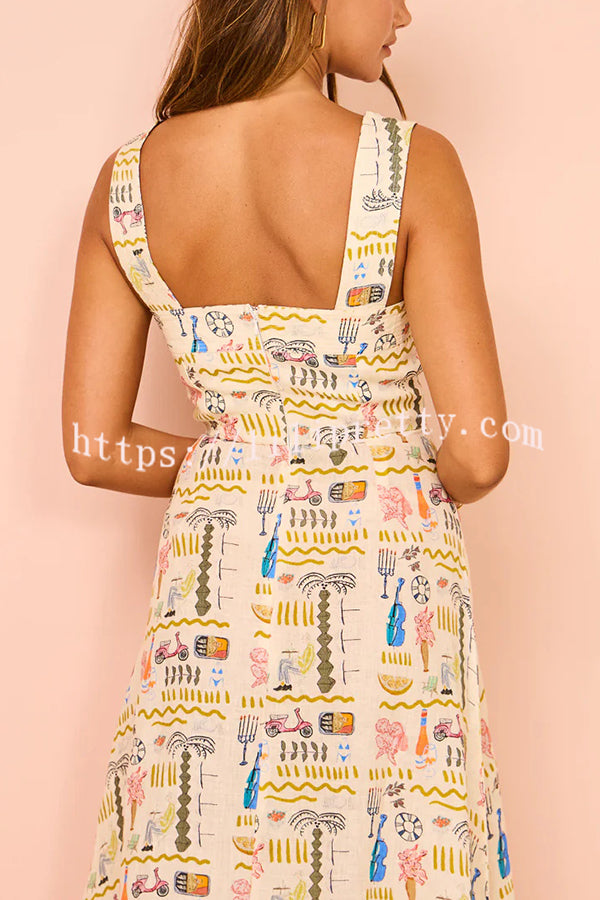 Country Cutie Unique Print Square Neck Wide Strap Maxi Dress