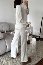 Solid Color Casual Knitted High Neck Long Sleeve Top and Elastic Waist Loose Pants Set