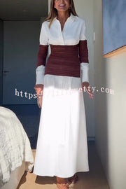 Fashionable Pleated Contrast Patchwork Waist Long Sleeve Button Shirt Maxi Dress