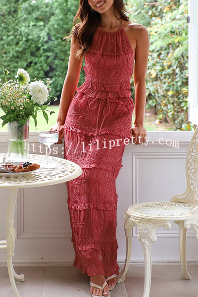 Feel Chic and Romantic Sequin Textured Material Drawstring Waist Tiered Maxi Skirt