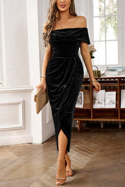 Solid Color Velvet Off-shoulder Slim-fit Elegant Slit Midi Dress