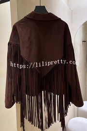 Western City Suede Long Tassels Long Sleeve Lapel Relaxed Jacket