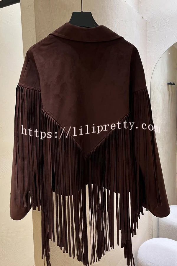 Western City Suede Long Tassels Long Sleeve Lapel Relaxed Jacket