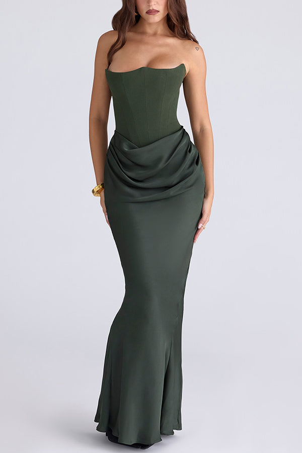 Attend The Gala Strapless Corset Satin Ruched Hip Drape Maxi Dress