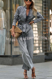 Casual Meetup Denim Stand Neck Long Sleeve Belted Loose Jacket