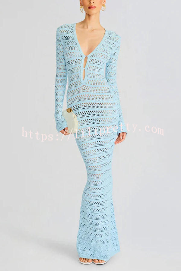 Solid Color Knit Hollow Long Sleeve Vacation Cover Up Maxi Dress