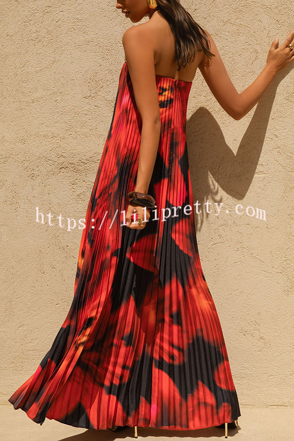 For Every Occasion Satin Pleated Floral Print V-wire Bandeau Neck Maxi Dress