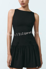Solid Bow Round Neck Sleeveless Mini Dress