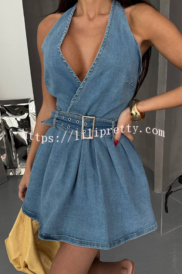 Fashionable Halterneck Open-back Belted Denim Mini Dress