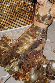 Party Sequin Button Crop Tank and Irregular Round Sequin Tassels Hem Maxi Skirt Set