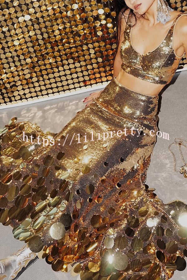 Party Sequin Button Crop Tank and Irregular Round Sequin Tassels Hem Maxi Skirt Set