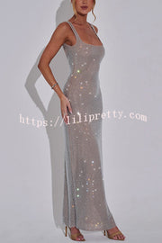 Be The Star Glitter Fabric Square Neck Low Scoop Back Stretch Maxi Dress