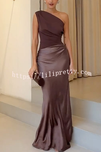 Kaia Satin Contrast Fabric Patchwork One Shoulder Ruched Maxi Dress