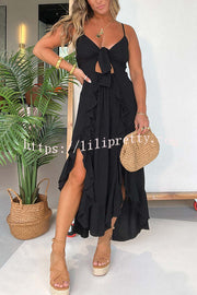 Juney Adjustable Chest Tie Front Ruffles Back Smocked Slit Maxi Dress