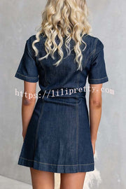 Street Chic Denim Shirt Neck Front Zip-up Stretch Mini Dress