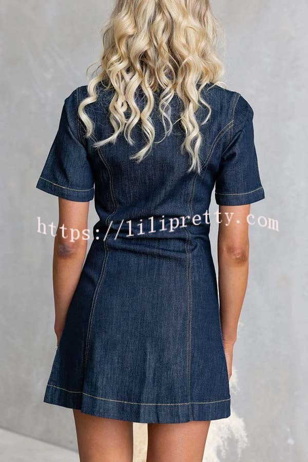 Street Chic Denim Shirt Neck Front Zip-up Stretch Mini Dress