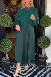 Practical Fashion Knit Ruched Sweater and Satin Stretch Tank Midi Dress Two-piece Set