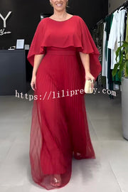 Ready for Holiday Cape Sleeve Tie-up Pleated Maxi Dress