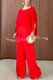 Vanie Chiffon Cape Batwing Sleeve Top and High Waist Pocket Wide Leg Pants Set