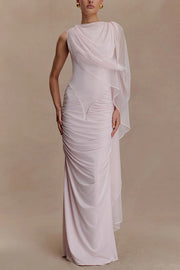 Fashionable Mesh Shawl Sleeveless Slim Fit Pleated Maxi Dress