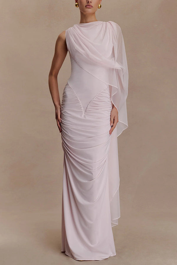 Fashionable Mesh Shawl Sleeveless Slim Fit Pleated Maxi Dress