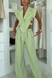 Fashion Style Lapel Waist-baring Irregular Vest and  Elastic Waist Pocket Loose Pants Set