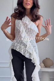 Solid Color Lace One Shoulder Ruffled Slim Fit Top