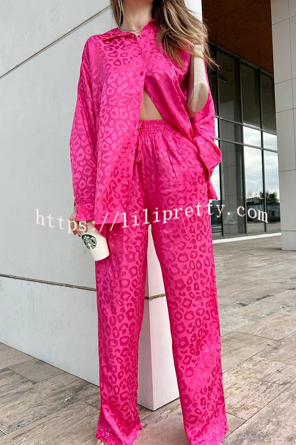 Lilipretty Leopard Print Jacquard Long Sleeved Shirt with Elastic Waist and Pant Two Piece Set