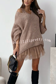 Solid Color Loose V-neck Casual Knitted Sweater