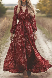 Floral Print V-neck Long-sleeved Fitted Waist Tie Maxi Dress