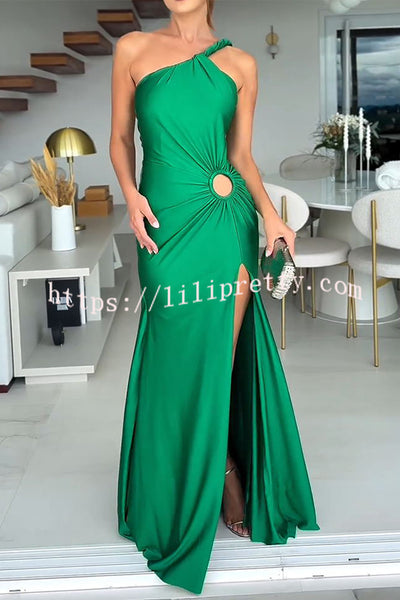 Lilipretty® Ermia Satin Twist Ruched One Shoulder Cutout Detail Slit Maxi Dress