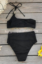 Solid Color One-shoulder High Waist Stretch Bikini Swimsuit