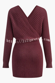 Solid Color Crossover V-neck Long-sleeved Fitted Waist Knit Mini Dress