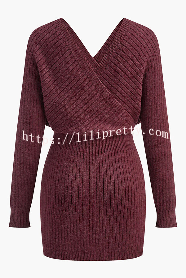 Solid Color Crossover V-neck Long-sleeved Fitted Waist Knit Mini Dress