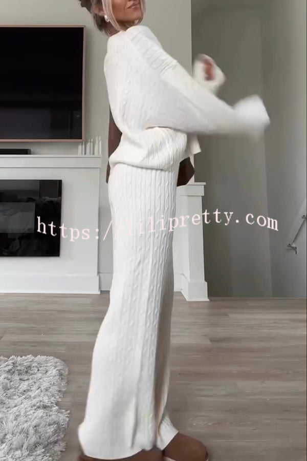 Autumn Travel Knit Cable Long Sleeve Sweater and Elastic High Waist Wide Leg Pants Set