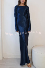 Satin Elegant Long-sleeved Open-back Slim-fit Slit Maxi Dress