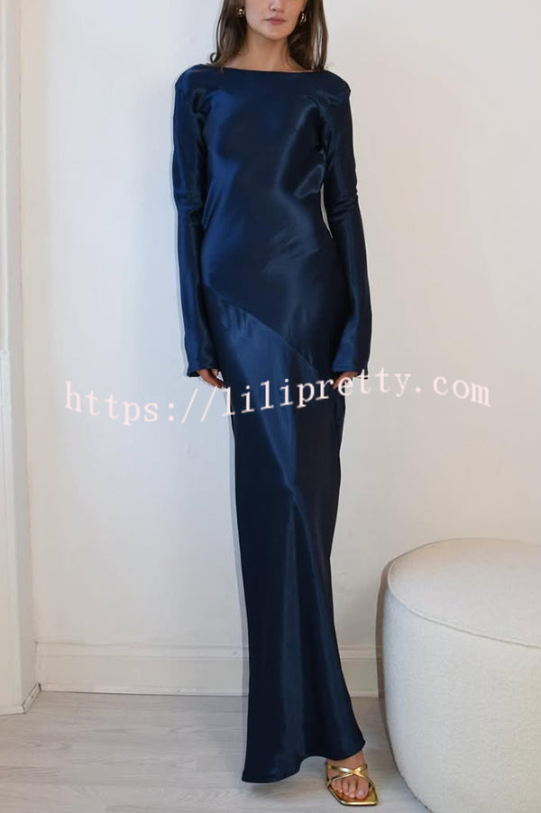 Satin Elegant Long-sleeved Open-back Slim-fit Slit Maxi Dress