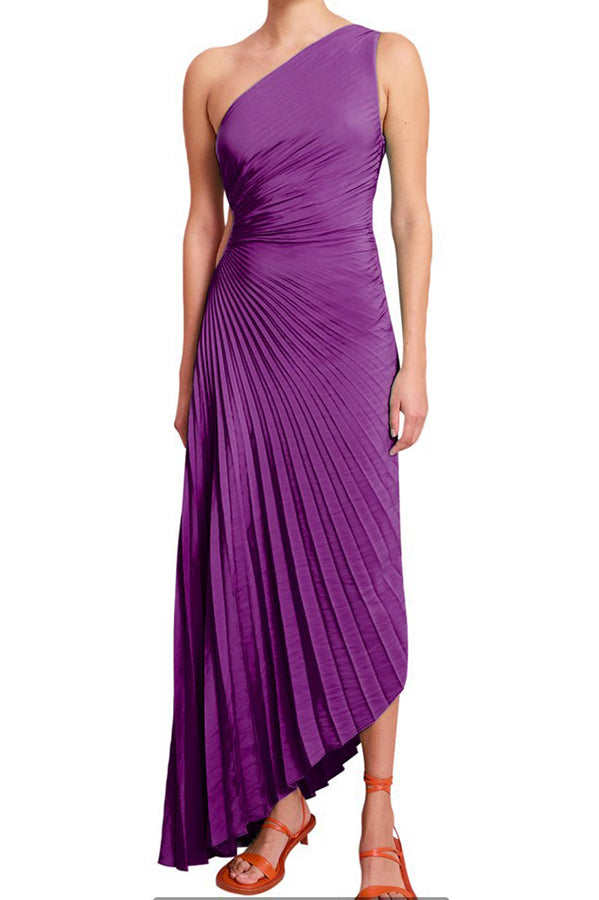 Glam Vibes Satin One Shoulder Side Cutout Pleated Maxi Dress